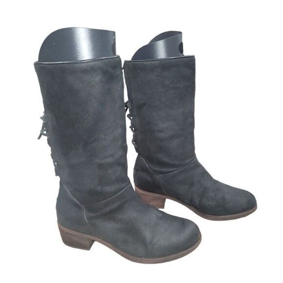 UGG Shoes - Ugg Cary Womens Black Suede Boots Leather Laces Up Back 8 Western Moto Biker Y2K